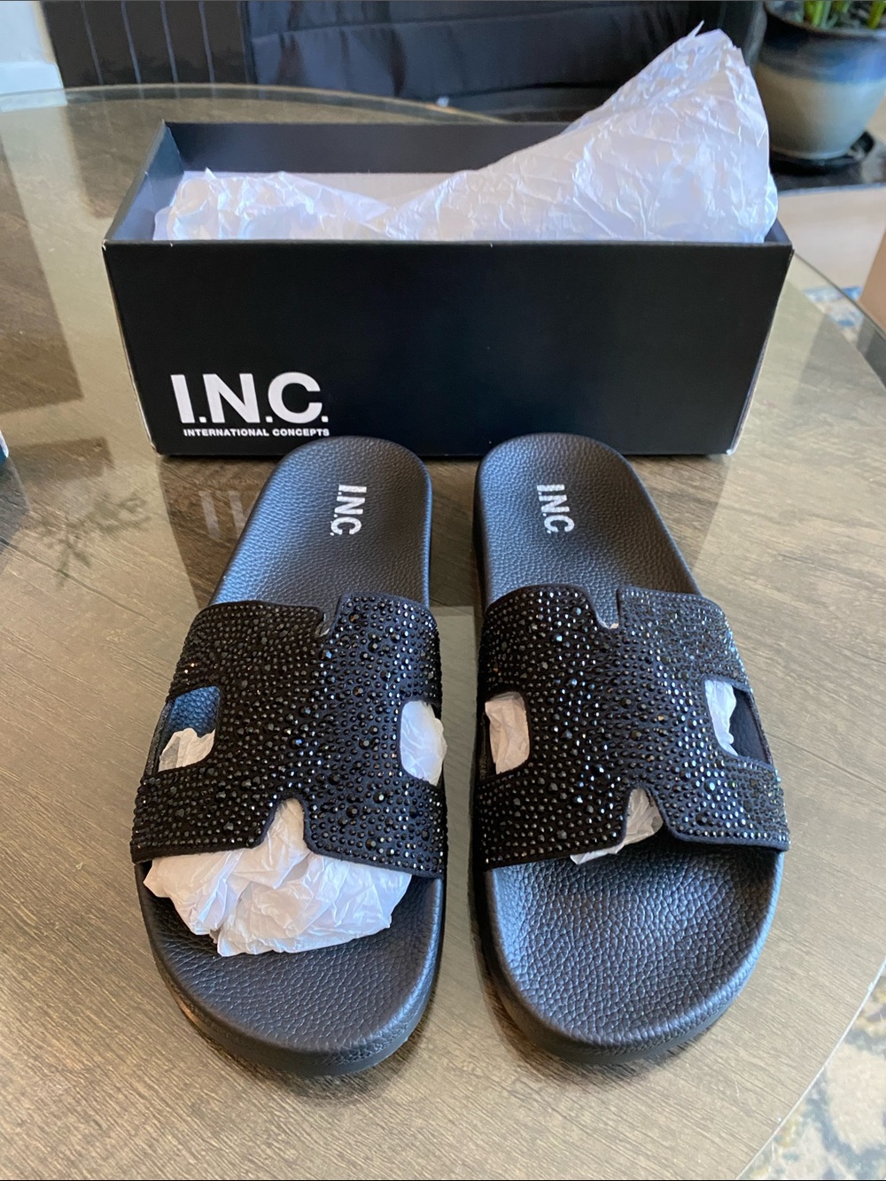 INC International Concepts Black Crystal Slide Sandals